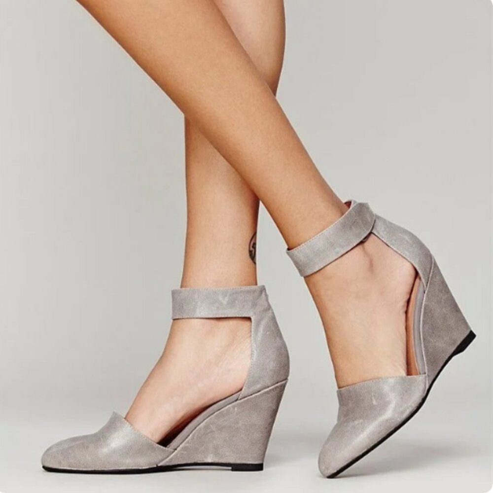 FSJ Grey Ankle Strap Wedge Heels Pumps